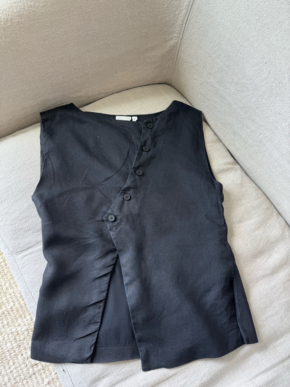 VRG GRL Black 100% Linen Asymmetrical Button Top Size 10